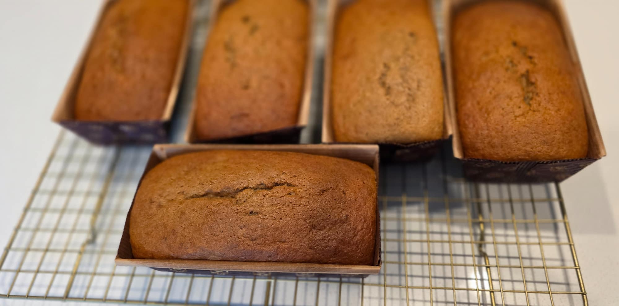 Rows of banana bread loaves fresh from the oven